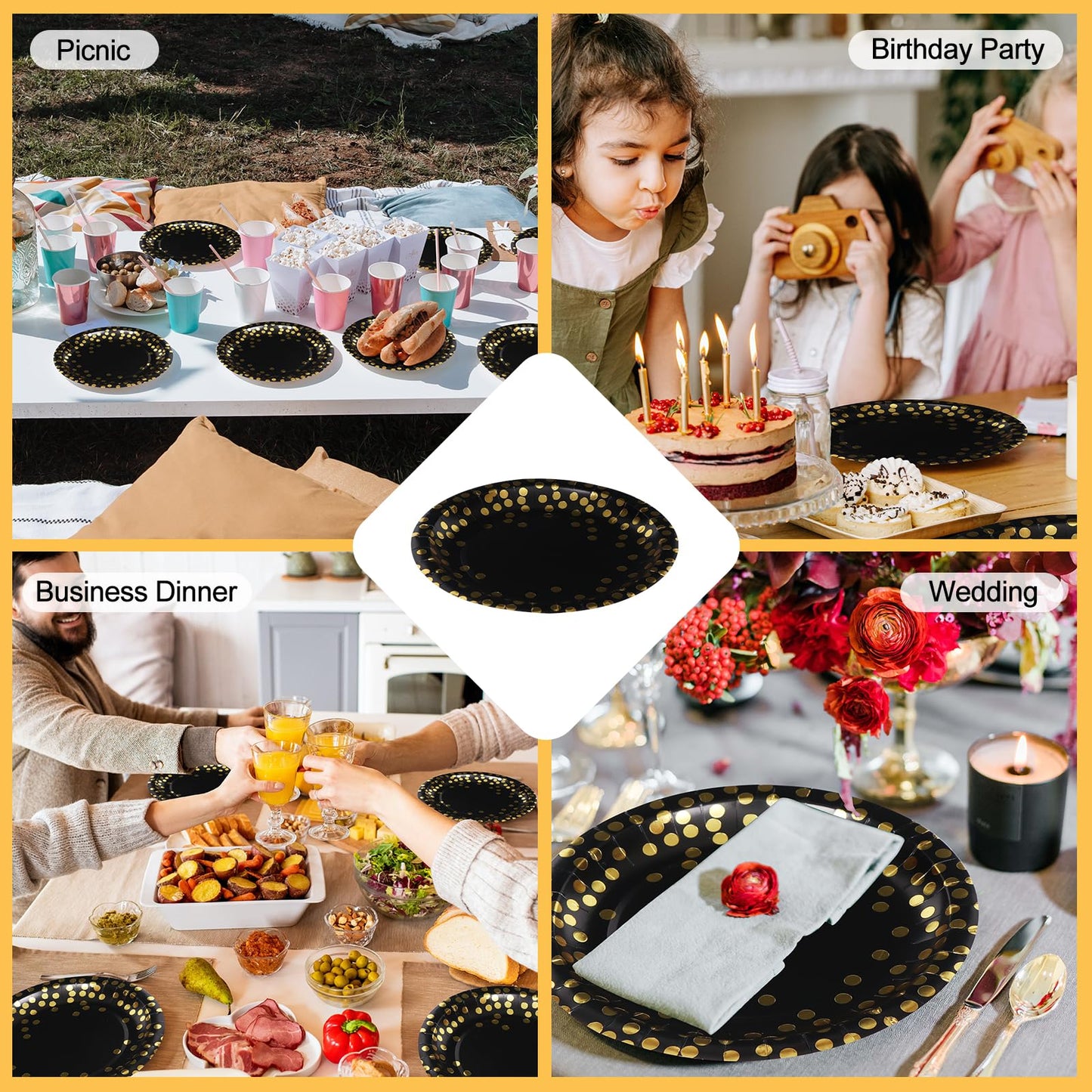100Pcs Black and Gold Party Supplies, Black Plates Disposable for Party, 7inch Round Black and Gold Plates, Dinner Plates Golden Foil Polka Dots (Black, 7inch - 100pcs)