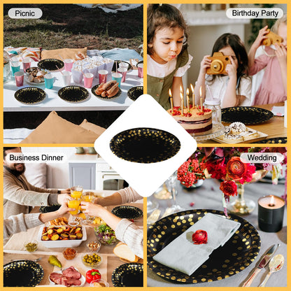 100Pcs Black and Gold Party Supplies, Black Plates Disposable for Party, 7inch Round Black and Gold Plates, Dinner Plates Golden Foil Polka Dots (Black, 7inch - 100pcs)