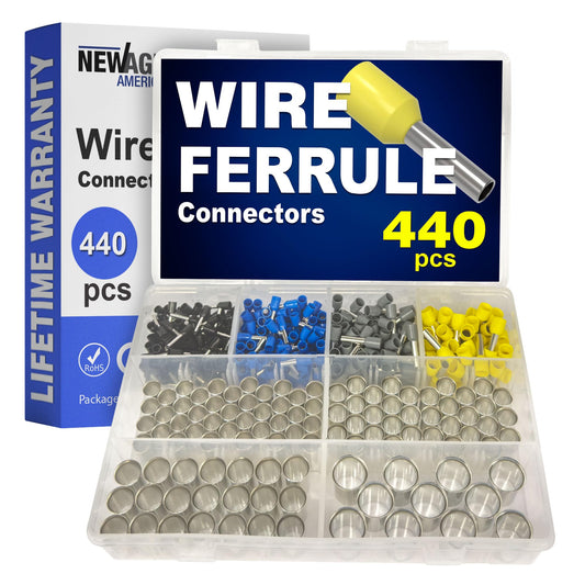 New Age America® 440pcs Wire Ferrule Terminal Connector | AWG 16-2/0 Ferrules | Copper & Nylon | Insulated & Uninsulated Cord Pin End Terminal | Color Coded Wire Connectors | Ferrule Crimp Connectors
