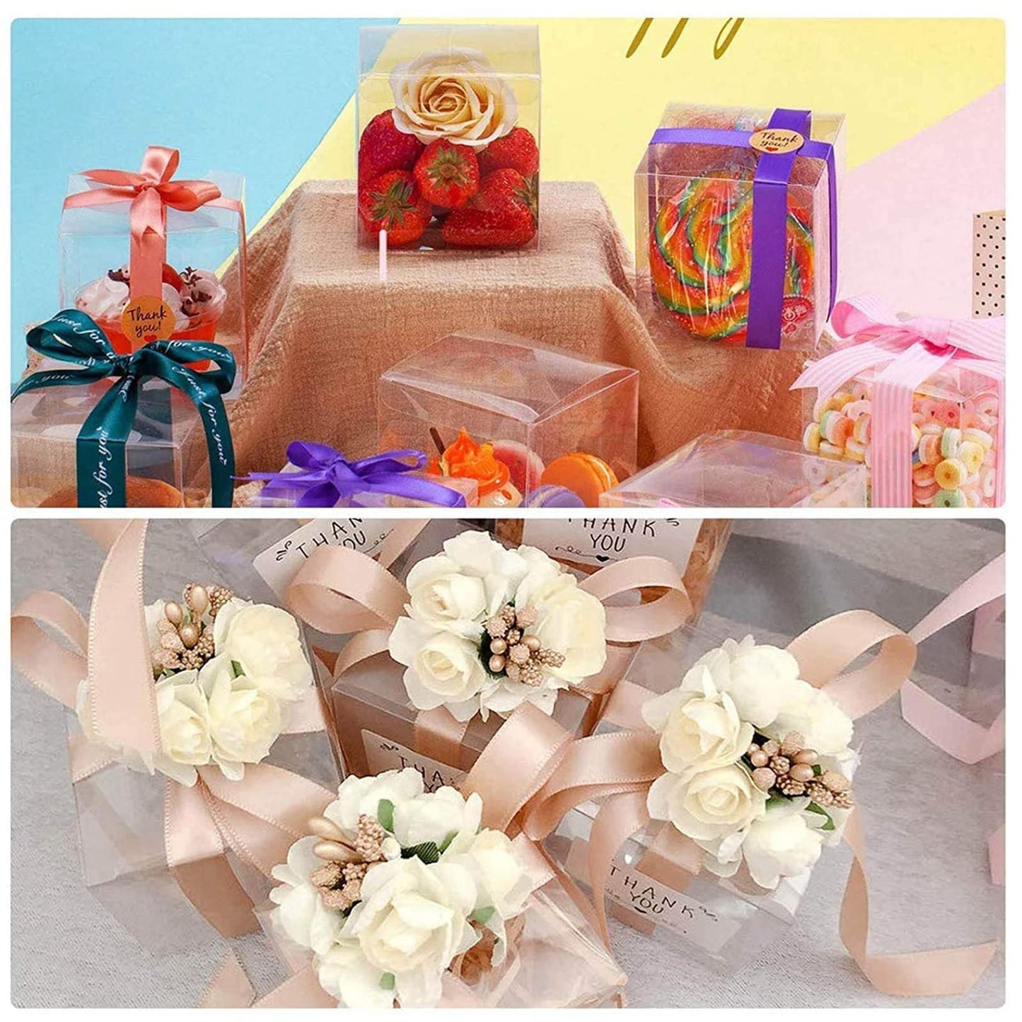 50Pcs Clear Favor Boxes, Individual Transparent Cube Candy Boxes, Plastic Gift Box for Wedding Birthday Thanksgiving Halloween Christmas New Year Party(3.15 inch)
