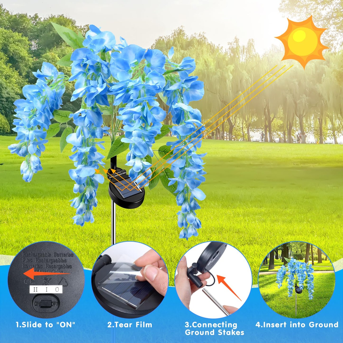 Fohil 2 Pack Solar Garden Lights, Solar Blue Wisteria Flower Lights, 2Lighting Mode Waterproof Solar Lights Outdoor Decoration for Garden Yard Pathway Grave Landscape