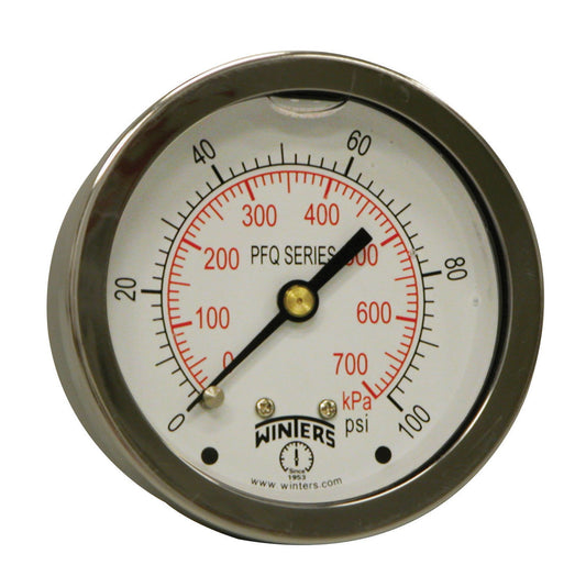 Winters PFQ Series Stainless Steel 304 Dual Scale Liquid Filled Pressure Gauge with Brass Internals, 0-100 psi/kpa,2-1/2" Dial Display, +/-1.5% Accuracy, 1/4" NPT Center Back Mount