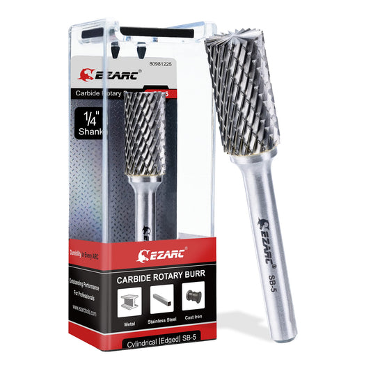EZARC Tungsten Carbide Rotary Burr Bit, SF-5 Double Cut Carbide Burr 1/4" Shank Die Grinder Cutting Burrs Bit for Metal Working & Sturdy Storage Case