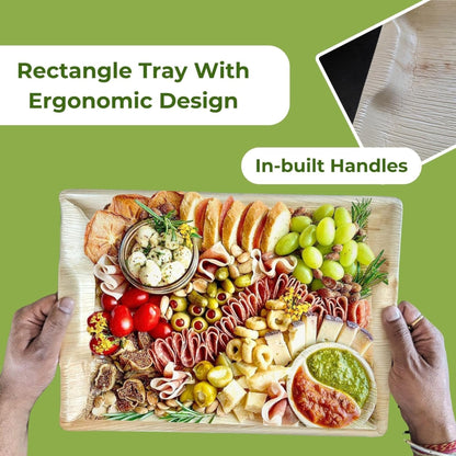 Dtocs Disposable Charcuterie Boards 14x10 Inch (10 Pcs) | Microwavable Disposable Serving Platters, Cheese Board, Party Trays, Serving Boards | Palm Leaf Trays for Catering, Grazing Table Supplies