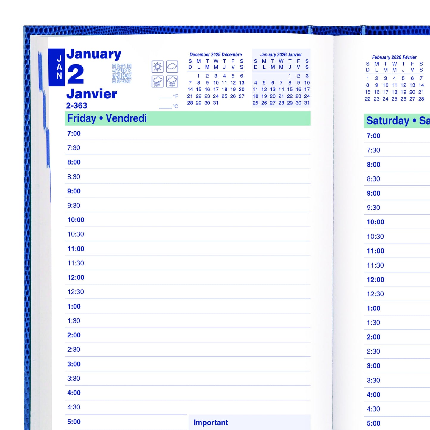 Blueline® 2026 Traditional Daily Planner, Appointment Book, 12 Months, January to December, Perfect Binding, 8" x 5", Blue, Bilingual (C1504.82B-26)