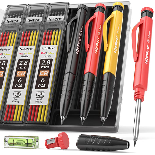 Nicpro 3 Pack Carpenter Pencil Set with Sharpener & Finger Grip, Solid Mechanical Pencils with 39 Refills (Red, Black, Yellow), Deep Hole Marker Construction Heavy Duty Woodworking Pencils - With Case