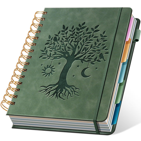 Ovesmusl Hardcover Spiral Notebook 8.4" x 6.1" with 5 Removable Dividers 300 Pages Leather 5 Subject Notebook College Ruled 100GSM Large Spiral Notebooks for Work Thick Lined Journal for Women, Green