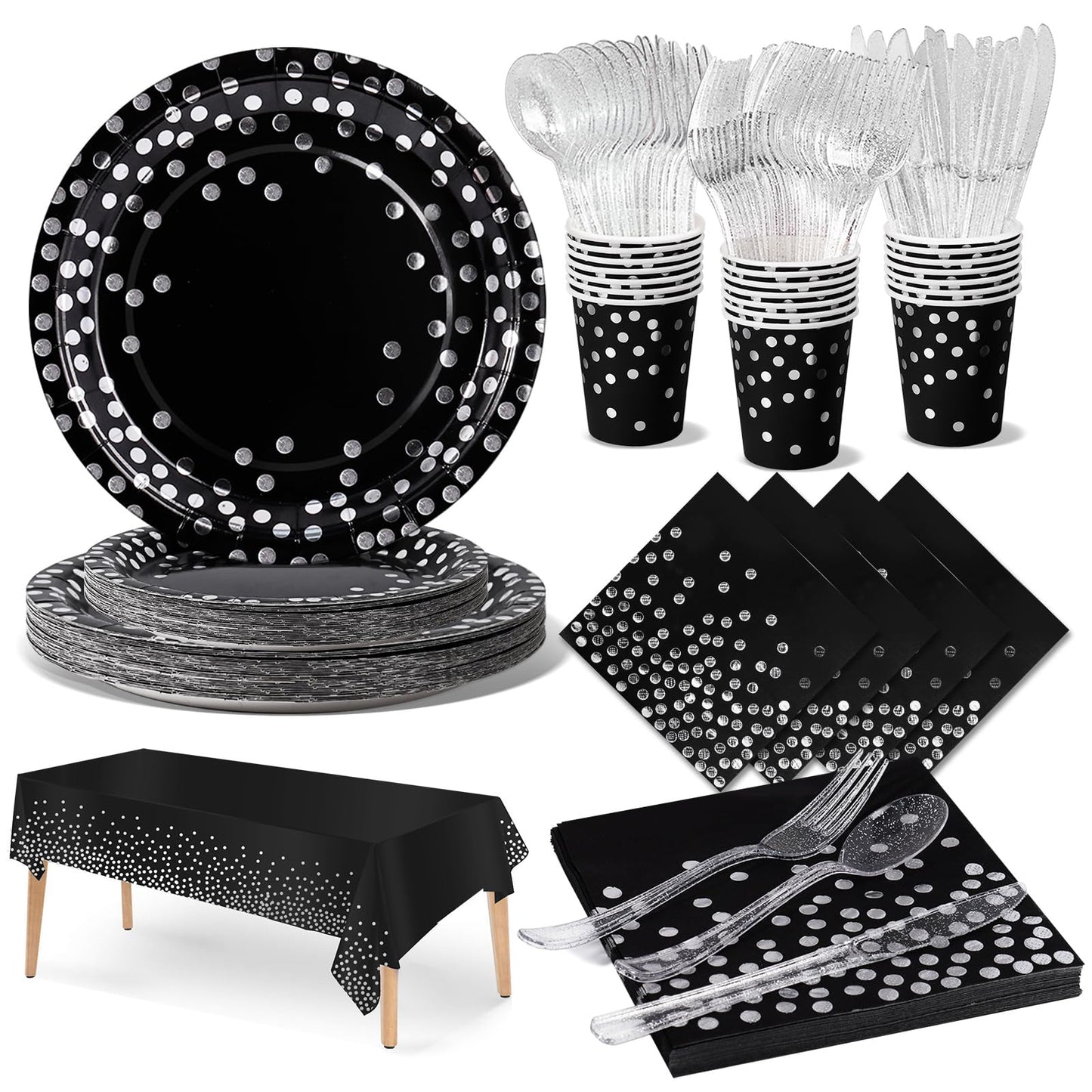 Nkaiso Paper Plates Napkins Cups Set, 141 Pieces Black and Silver Kids Birthday Party Tableware Party Supplies Set Includes Paper Plates Napkins Cutlery for Wedding Shower Engagement -20 Guests