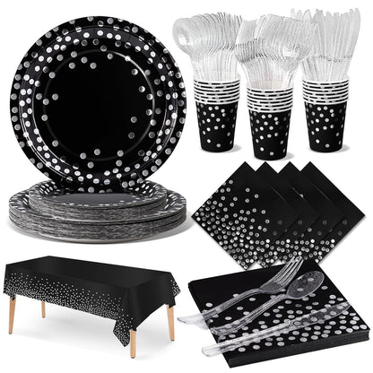 Nkaiso Paper Plates Napkins Cups Set, 141 Pieces Black and Silver Kids Birthday Party Tableware Party Supplies Set Includes Paper Plates Napkins Cutlery for Wedding Shower Engagement -20 Guests