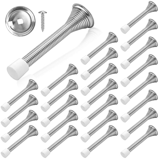 Supkiir 24Pcs Silver Spring Door Stoppers, Stainless Steel Door Stop Wall Protector, Wall Mounted Threaded Flexible Doorstops with Rubber Bumper Baseboard for Home