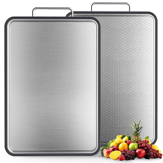 Double-Sided Stainless Steel Cutting Board for Kitchen, 16''×11'' Scratch-Resistant Cutting Board for Meat, Vegetables & Fruits, Rust-Resistant Chopping Board with Juice Groove on Both Sides
