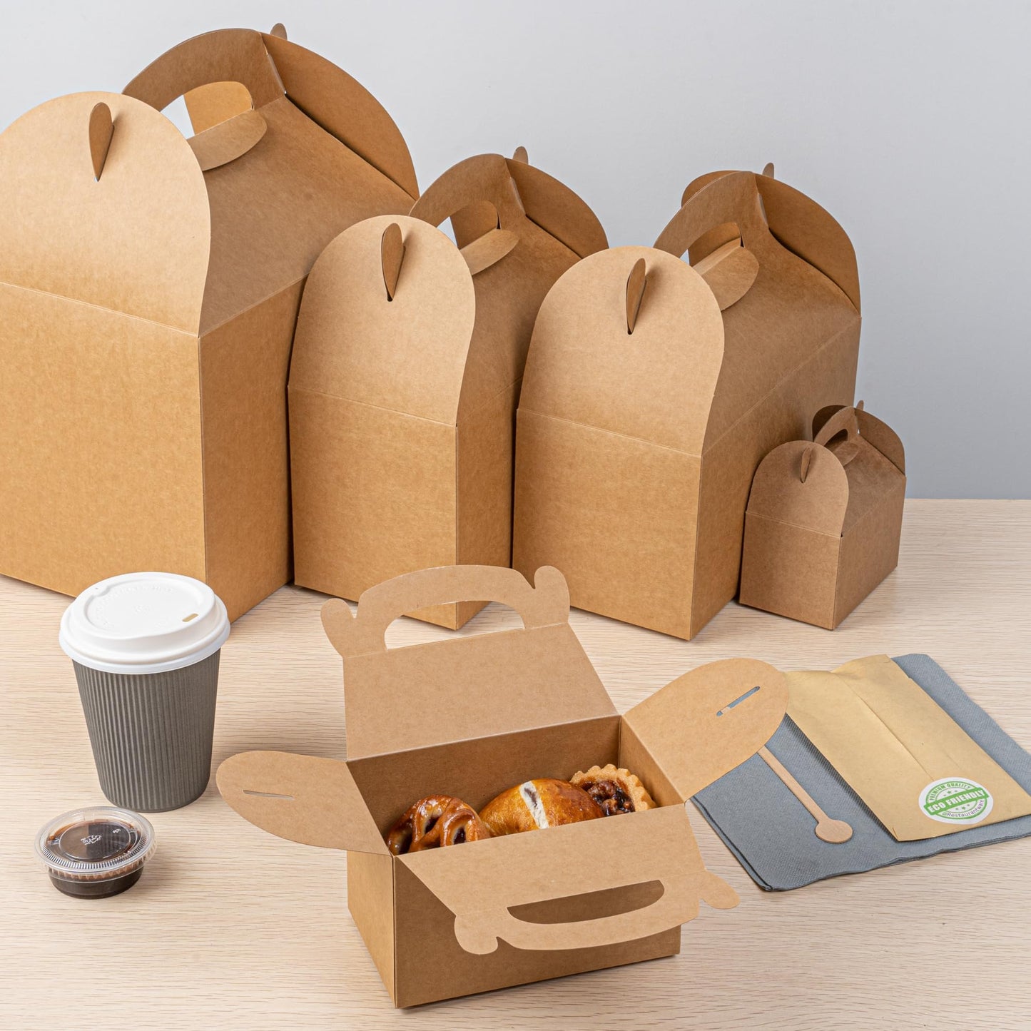 Restaurantware Kraft Gable Boxes 25 Count 6 x 3.5 x 3.5 Inches Paper Gift Boxes Greaseproof With Handles Recyclable Favor Boxes For Birthdays Weddings Baby Showers Brown