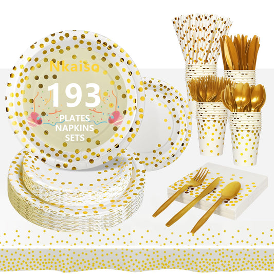 Nkaiso Paper Plates Cups and Napkins Set, 193 Piece White Gold Birthday Tableware Set for Kids - Includes Party Plates, Cups, Napkins for Baby Shower, Wedding Party Decor Supplies - 24 Guests