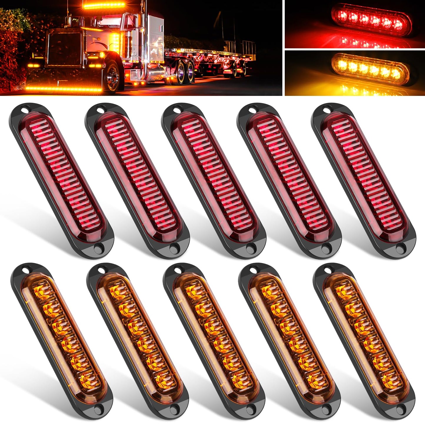 10pcs 6LED Trailer Marker Lights, Linkstyle 12V-24V Amber/Red Surface Mount Clearence Light, 4.4 Inch Waterproof Sealed Side Marker Indicators Light for Front Rear Trailer Truck RV Camper Boat