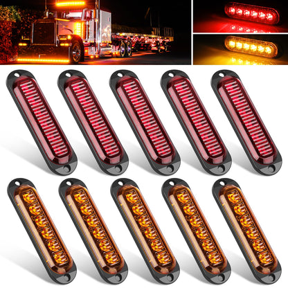 10pcs 6LED Trailer Marker Lights, Linkstyle 12V-24V Amber/Red Surface Mount Clearence Light, 4.4 Inch Waterproof Sealed Side Marker Indicators Light for Front Rear Trailer Truck RV Camper Boat