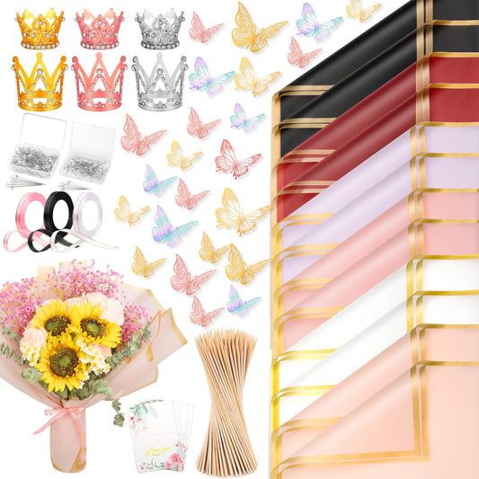 311 PCS Flower Wrapping Paper Bouquet Kit, 30 Sheets Waterproof Floral Wrapping Paper With Ribbons, Flower Pearl Pins, Bamboo Skewers, 3D Butterflies Crowns for Florist Craft Mother's Day Birthday