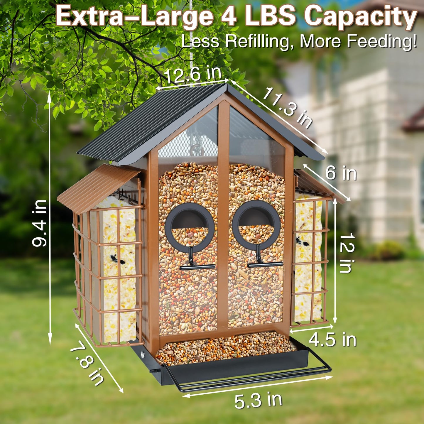 TayePin Bird Feeders for Outdoors Hanging, Metal Wild Bird Feeders with Double Suet Cage, 4LBS Large Capacity for Outside Garden Waterproof, ldeal Gifts for Birds Watching Finch Cardinal, Brown