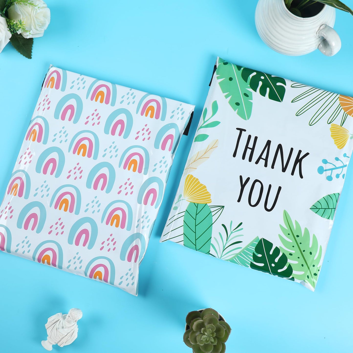 SHIPKEY 100 Pcs Green Leaf Poly Mailers, 25x33cm Thank-You Poly Mailers for Gift Wrapping, ReusableShipping Envelopes for Small Business (10x13inch