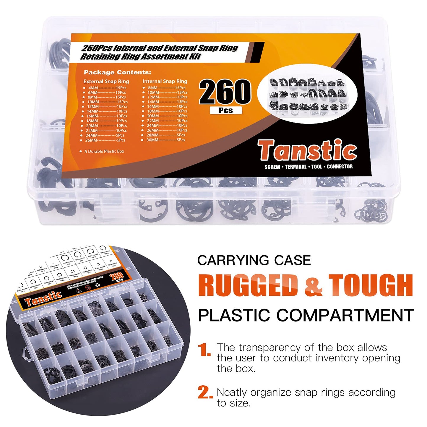 Tanstic 261Pcs 4 in 1 Snap Ring Pliers Set Snap Ring Pliers Remover Retaining Circlip Pliers with 260Pcs Internal and External Snap Ring Retaining Ring Assortment Kit