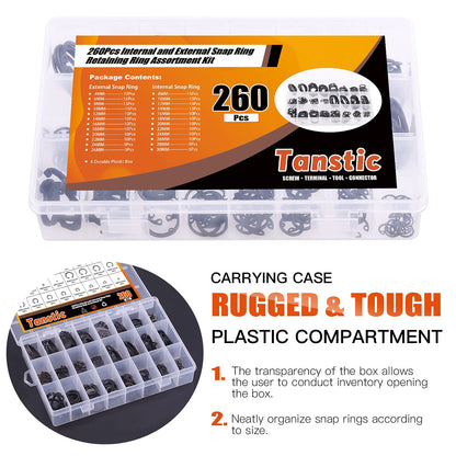 Tanstic 261Pcs 4 in 1 Snap Ring Pliers Set Snap Ring Pliers Remover Retaining Circlip Pliers with 260Pcs Internal and External Snap Ring Retaining Ring Assortment Kit