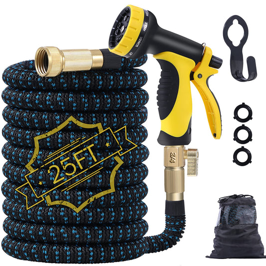 Expandable Garden Hose,25ft Water Hose Flexible Garden Hose with Triple Latex Core,10 Function Water Spray Nozzle,3/4" Solid Brass Fittings,Retractable Fabric,Leakproof No-Kink Expanding Hose