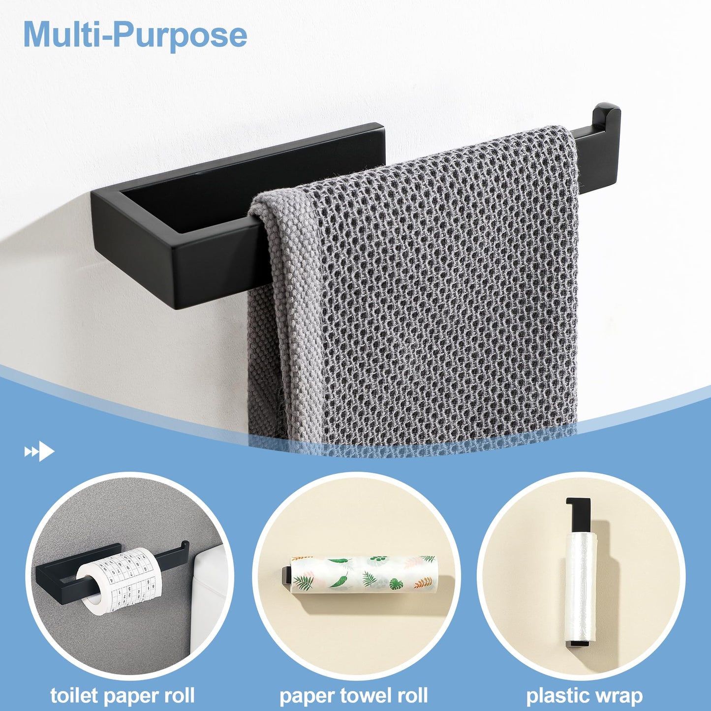 Sayayo Black Hand Towel Holder, Towel Bar Towel Rails Wall Mounted, Hand Towel Ring for Kitchen Toilet Bathroom, SUS304 Stainless Steel, 10 Inch, GKN2212-B