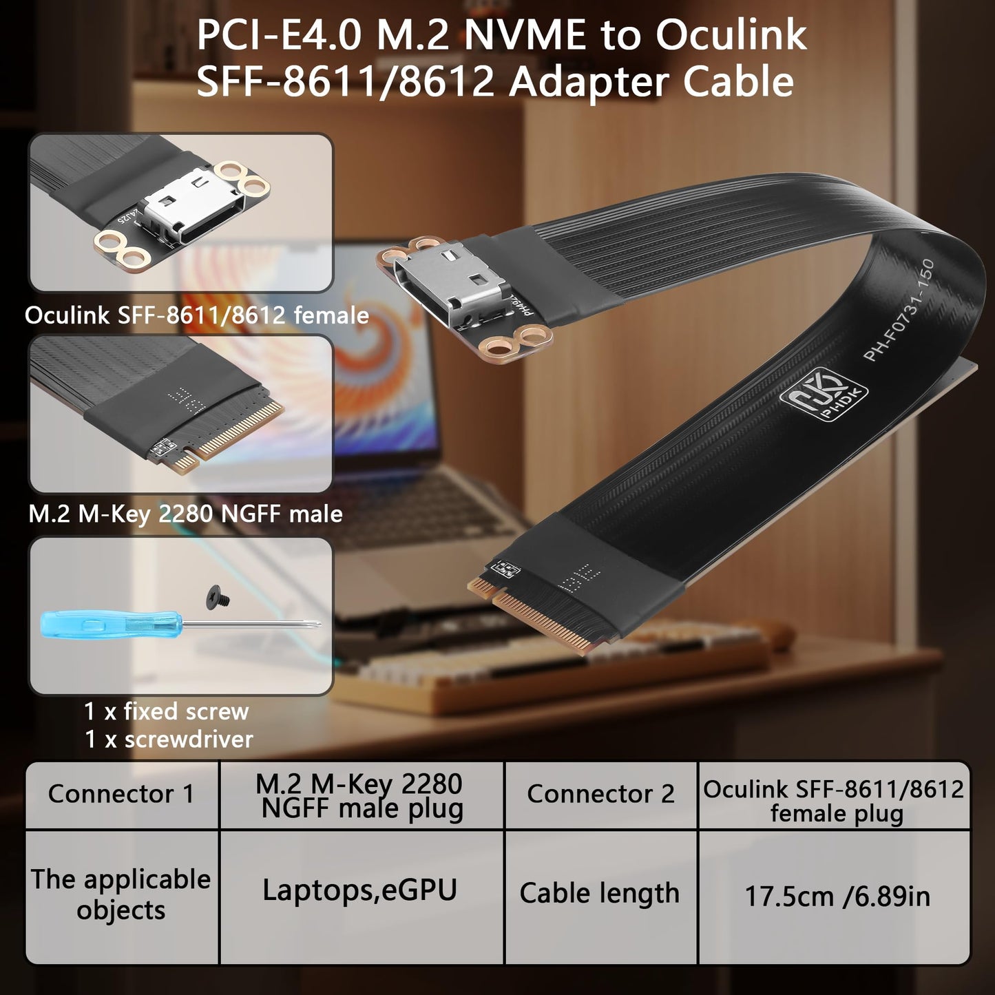 GINTOOYUN PCI-E4.0 M.2 NVME to Oculink SFF-8611/8612 Adapter Cable M.2 M-Key 2280 NGFF to Oculink SFF-8611 SFF-8612 Female Host Cable for Laptops,eGPU,etc(6.89 Inch)