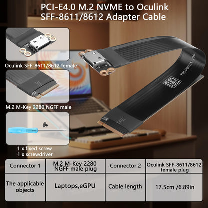 GINTOOYUN PCI-E4.0 M.2 NVME to Oculink SFF-8611/8612 Adapter Cable M.2 M-Key 2280 NGFF to Oculink SFF-8611 SFF-8612 Female Host Cable for Laptops,eGPU,etc(6.89 Inch)