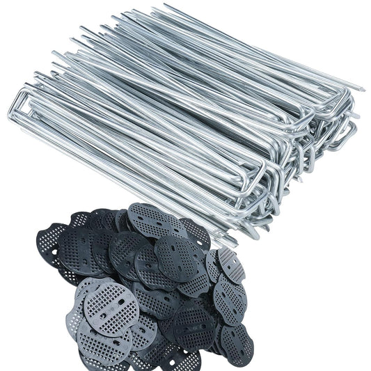 Finderomend 100 Pack Landscape Staples and 100 Pack Gaskets, 11 Guage 5in Galvanized Steel Garden Stakes with Black Pads,Landscape Pins Turf Staples for Securing Weed Barrier