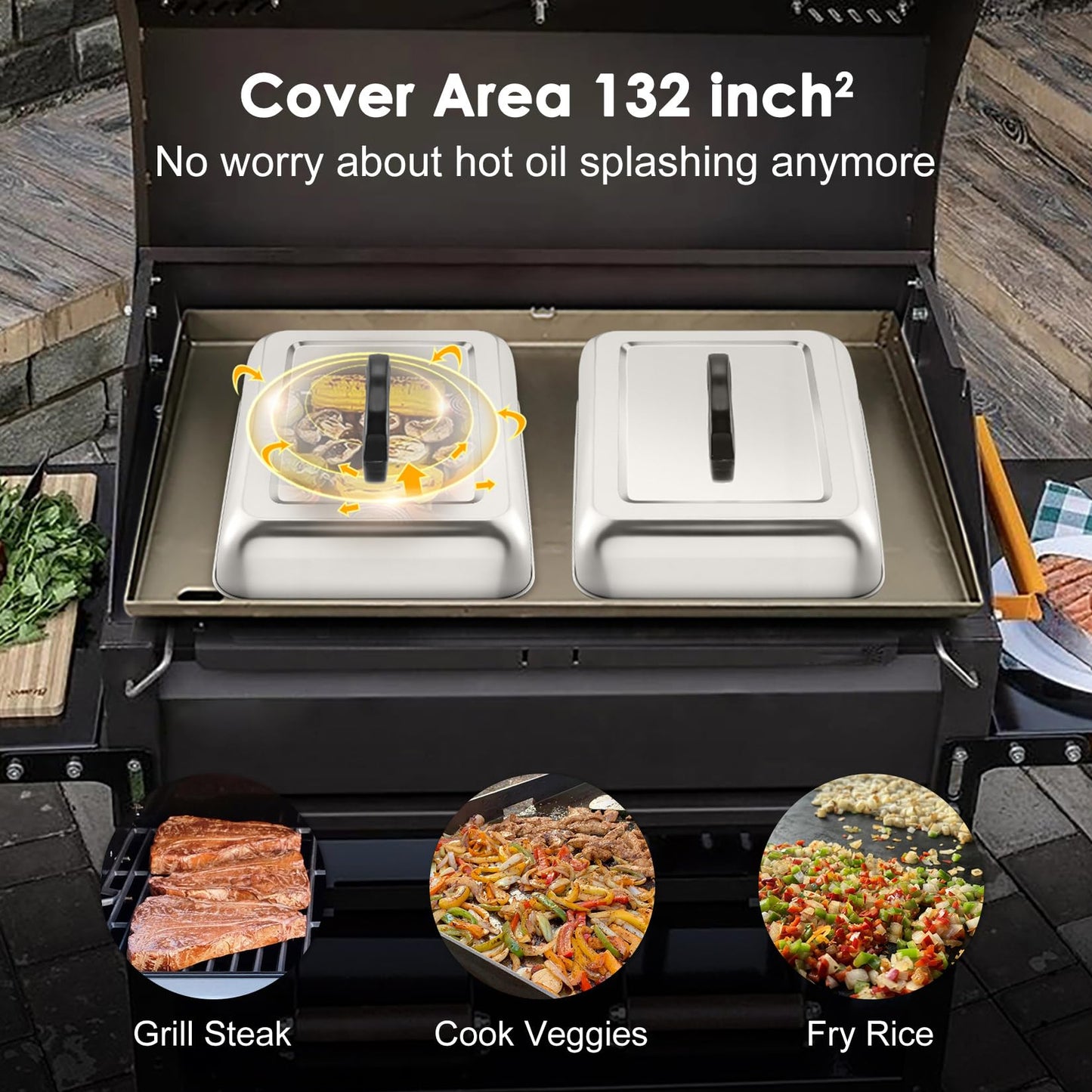 2Pcs 13 x 9.8" Basting Cover for Griddle, Joyfair Rectangular Cheese Melting Dome, Stainless Steel Melt Lid for Outdoor Flat Top Grill, Heat-Resistant Handle & Dishwasher Safe (No Vent)