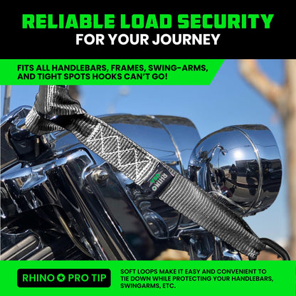 Rhino USA Soft Loop Tie Down Straps (4-Pack) - 1.6 Inch x 17 Inch (5,000 lbs Break Strength) Heavy Duty Motorcycle Straps for use with Ratchet Straps - Handlebar Straps for ATV, UTV, Dirt Bike (Gray)
