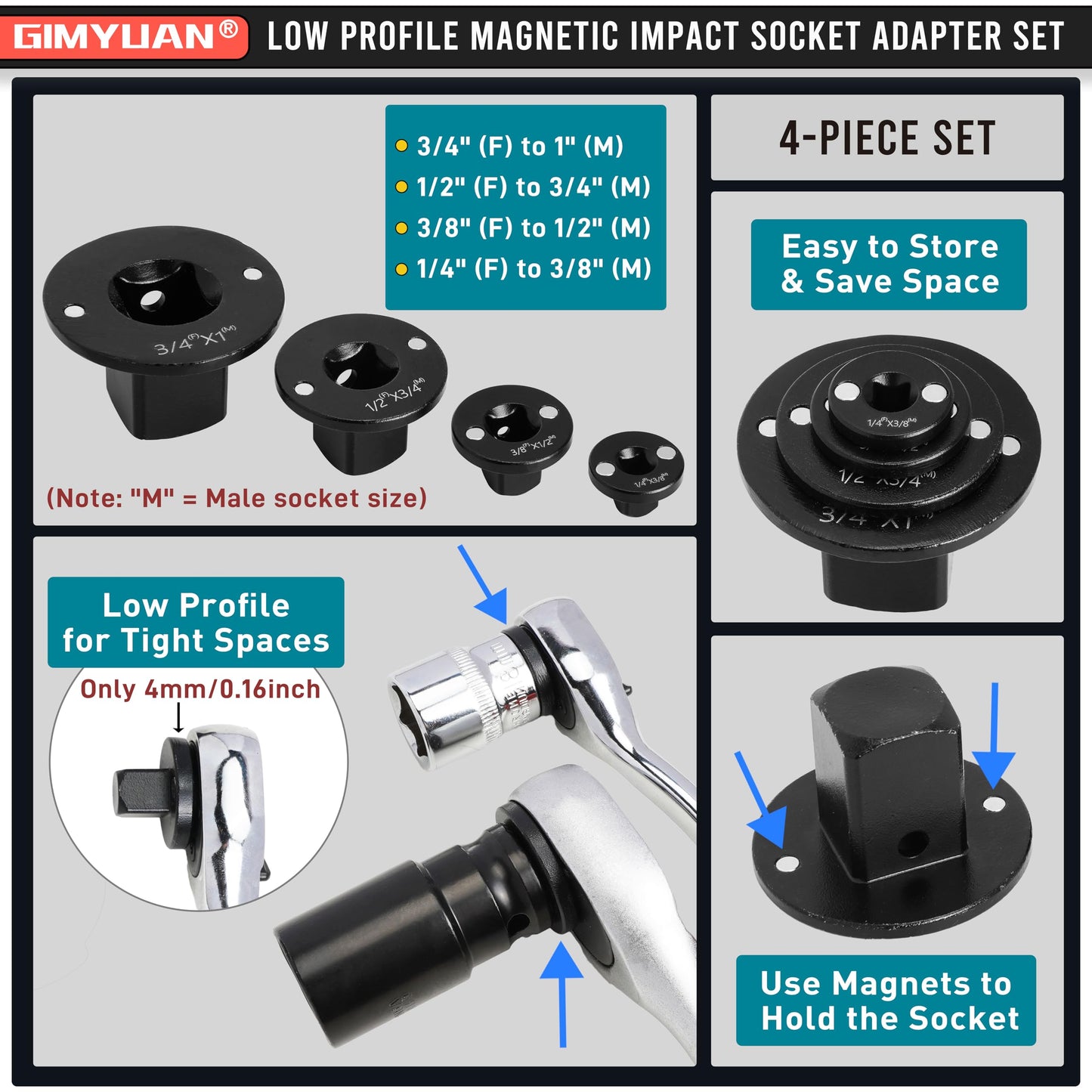 4PCS Low Profile Magnetic Impact Socket Adapter Set - Perfect for Tight Spaces, Drive Ratchet Adapter Set, 3/4" to 1", 1/2" to 3/4", 3/8" to 1/2", 1/4" to 3/8"