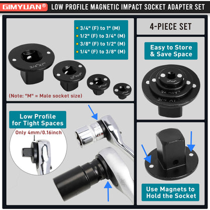 4PCS Low Profile Magnetic Impact Socket Adapter Set - Perfect for Tight Spaces, Drive Ratchet Adapter Set, 3/4" to 1", 1/2" to 3/4", 3/8" to 1/2", 1/4" to 3/8"