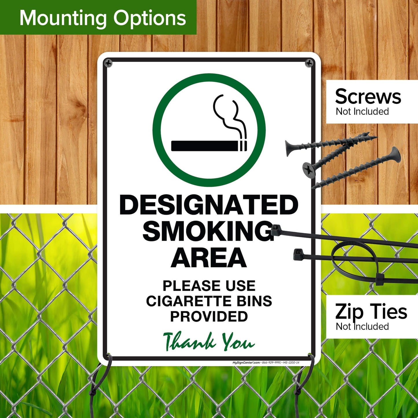 Designated Smoking Area Please Use Cigarette Bins Provided Sign, 10x14 Inches, Rust Free .040 Aluminum, Fade Resistant, Made in USA by My Sign Center
