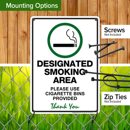 Designated Smoking Area Please Use Cigarette Bins Provided Sign, 10x14 Inches, Rust Free .040 Aluminum, Fade Resistant, Made in USA by My Sign Center
