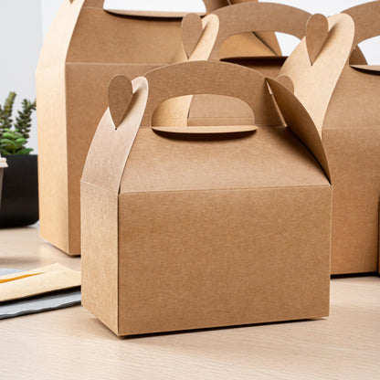 Restaurantware Kraft Gable Boxes 25 Count 6 x 3.5 x 3.5 Inches Paper Gift Boxes Greaseproof With Handles Recyclable Favor Boxes For Birthdays Weddings Baby Showers Brown