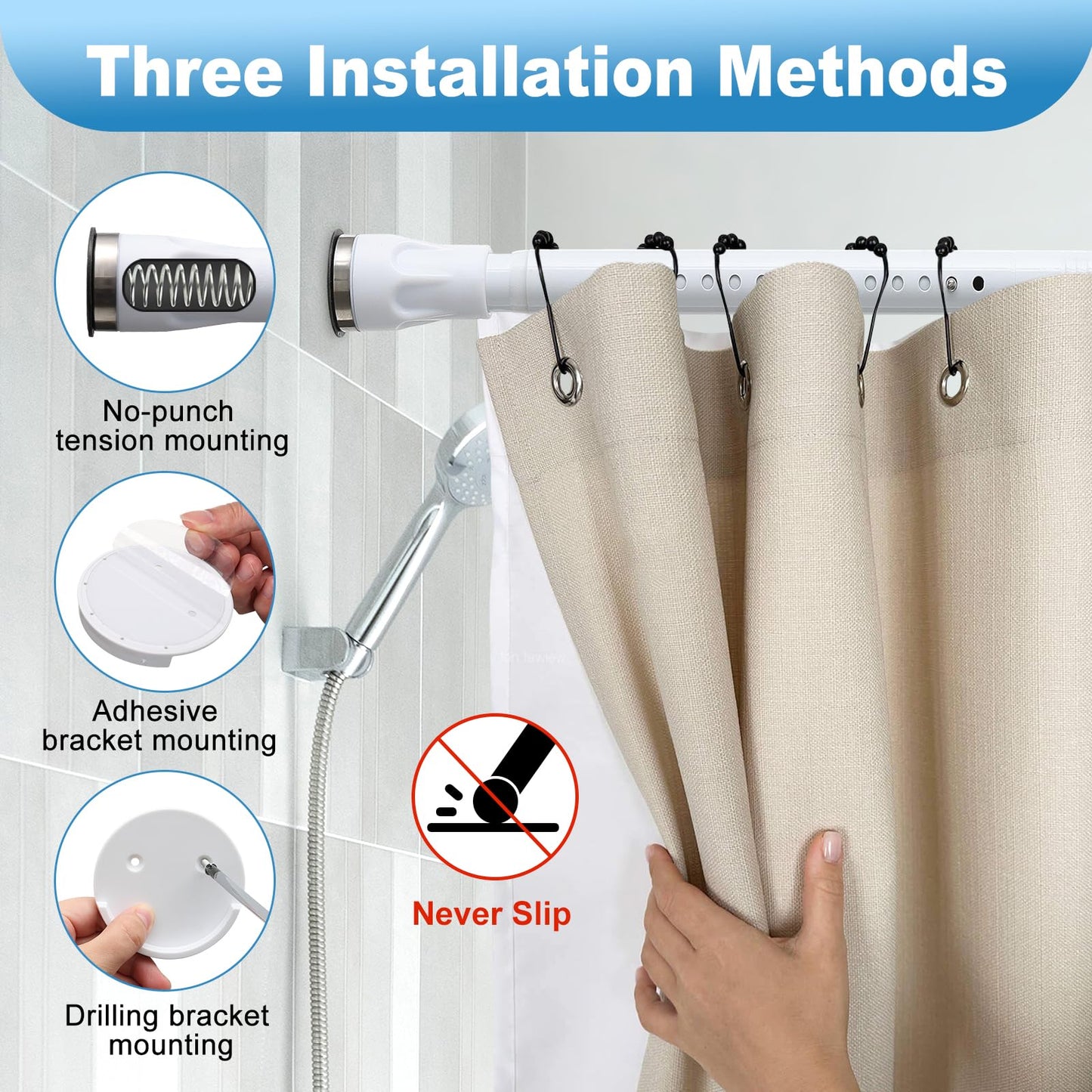 White Tension Curtian rod no drill, 42 to 100 inch Adjustable Heavy Duty black shower curtain rod for Windows bathroom Closet