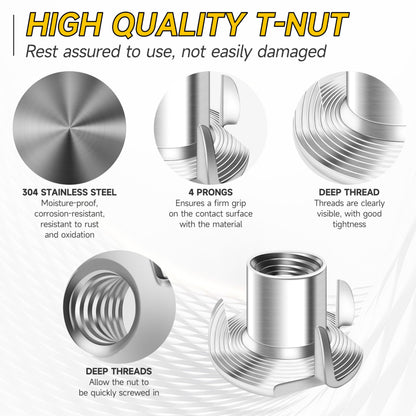 50Pcs 3/8"-16 T Nuts, 304 Stainless Steel T-nut, Four-jaw 3/8-16 Nut for Outdoor, 3/8 Nuts Threaded Insertion, Polish Finish Hardware Nuts by Mywish