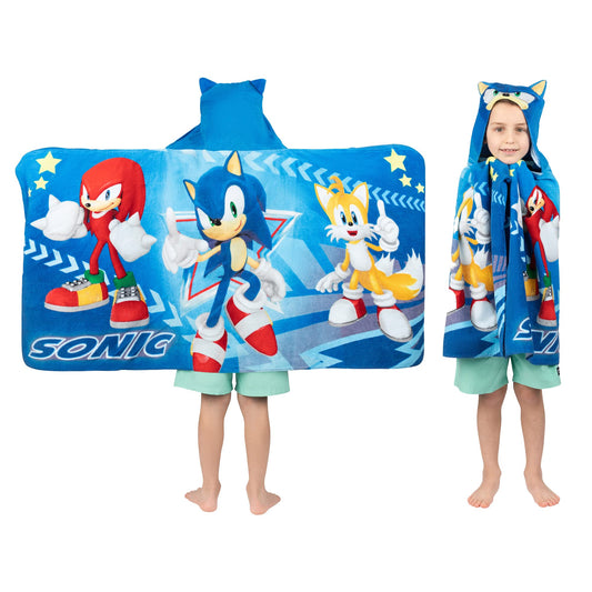 Franco Kids Bath and Beach Super Soft Cotton Hooded Towel Wrap, 24 in x 50 in, Sonic The Hedgehog