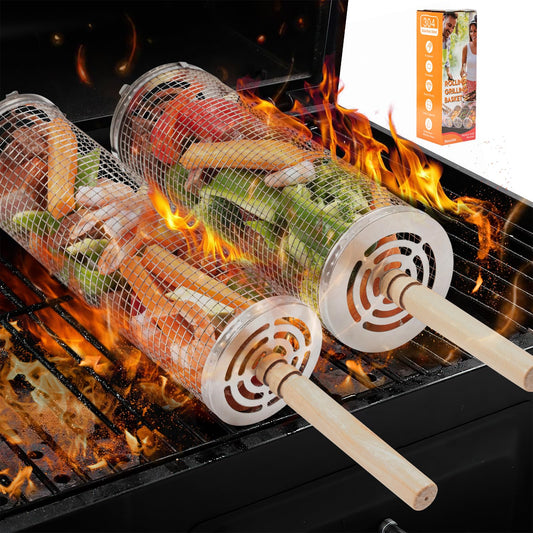 Gelapa 2PCS Rolling Grill Basket for BBQ, 304 Stainless Steel Rotating Grill Cage with Removable Wooden Handle, Nesting Grilling Basket for Vegetables, Shrimp, Meat, Camping & Outdoor Cooking
