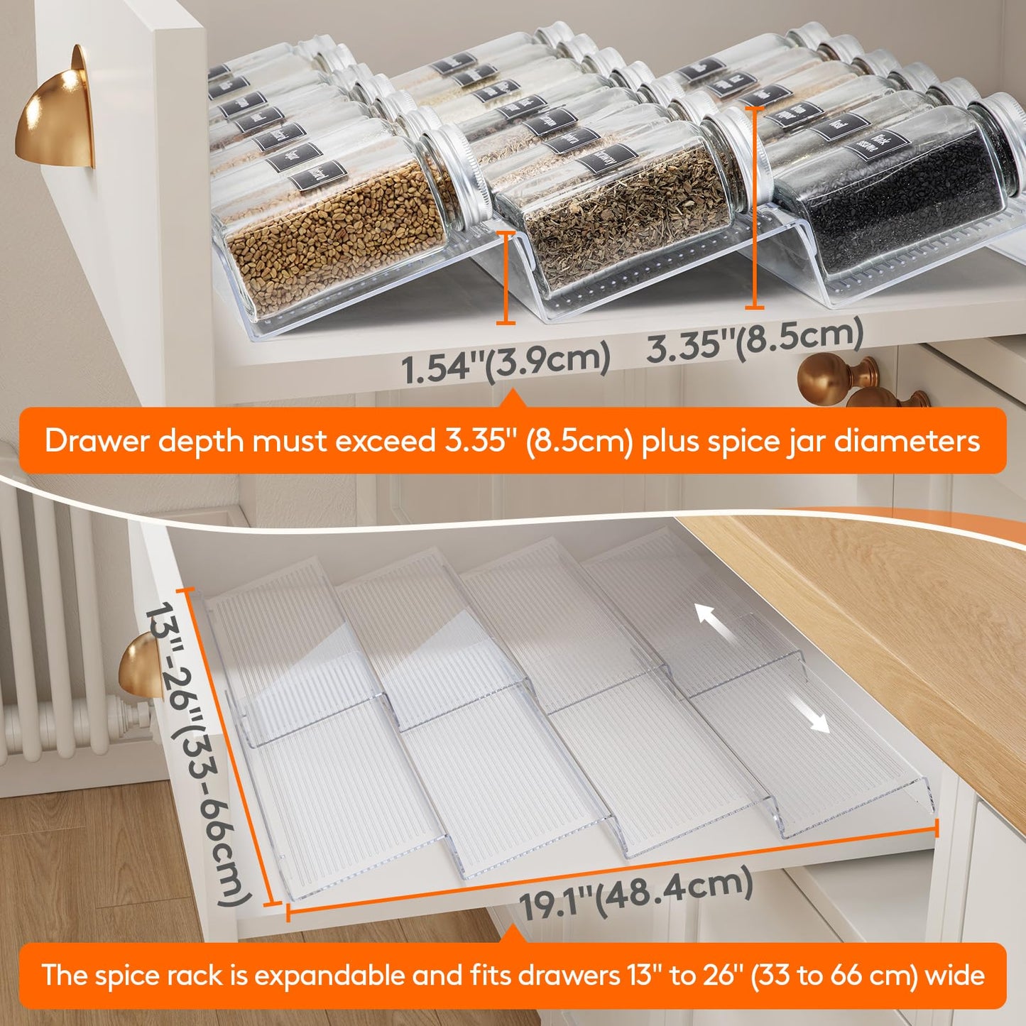 Lifewit Clear Acrylic Spice Drawer Organizer, Expands 13" to 26" - 4-Tier Set of 2 (8 Pieces), Holds 56 Spice Jars (Jars and Labels Not Included), for Kitchen Cabinet Drawers/Countertops