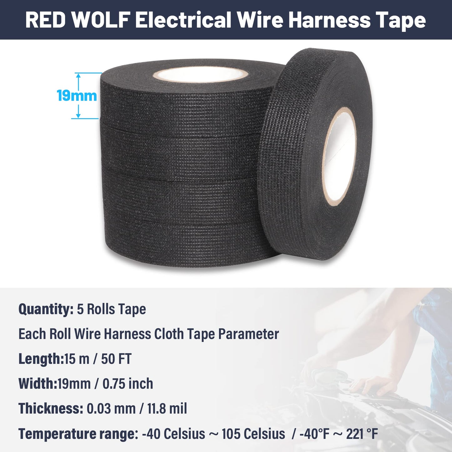 RED WOLF 3/4 Inch x 50 FT Wiring Harness Tape High Temp Wire Cable Loom Self-Adhesive Fabric Tape for Electrical Automotive Engine Harness Wrap Protection Noise Damping Cables Fixed 5 Rolls