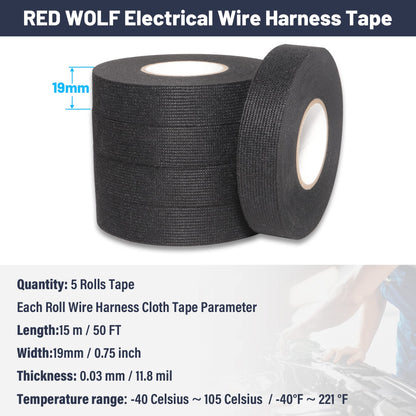RED WOLF 3/4 Inch x 50 FT Wiring Harness Tape High Temp Wire Cable Loom Self-Adhesive Fabric Tape for Electrical Automotive Engine Harness Wrap Protection Noise Damping Cables Fixed 5 Rolls