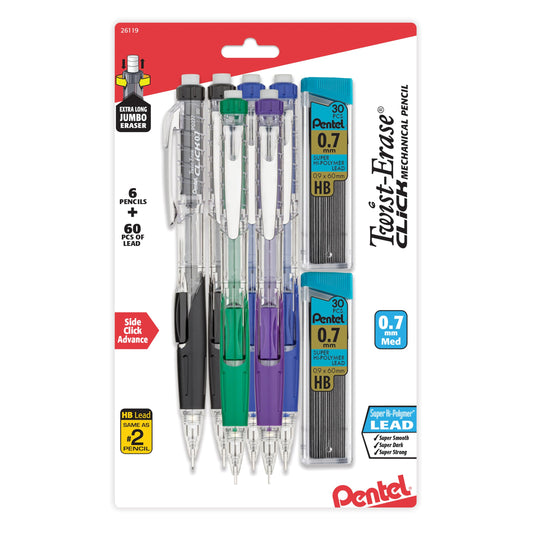 Pentel Twist-Erase Click Mechanical Pencil, 0.7mm, #2 Medium Lead, 6/Pack (PD277TLBPS6M)