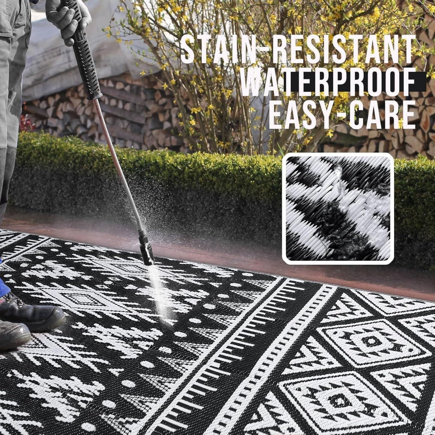 OLANLY Waterproof Outdoor Rug 4x6 ft, Reversible Plastic Straw Patio Camping Rugs, Large Foldable Outdoor Carpet Deck Rugs for Patio, RV, Outside Entry, Backyard, Bench, Picnic, Black & White