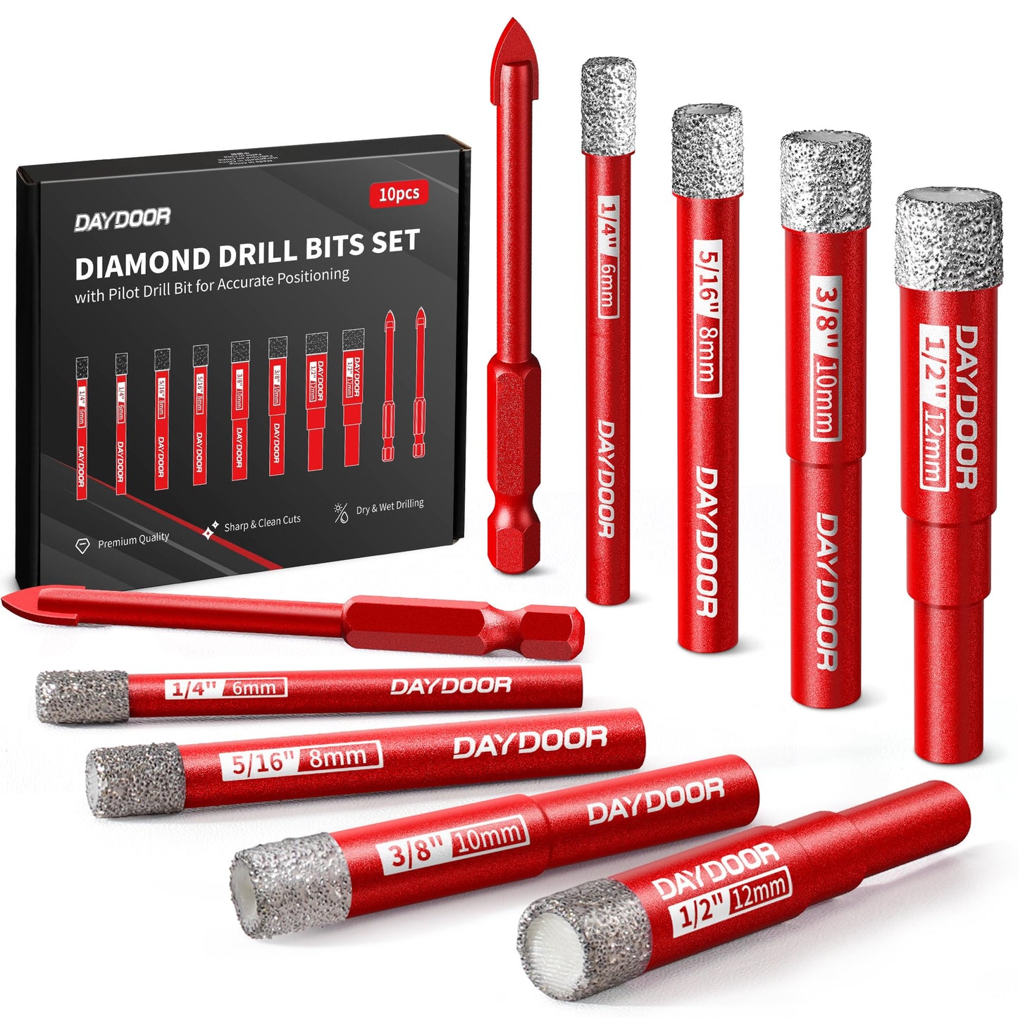DAYDOOR 10-Piece Vacuum Brazed Diamond Drill Bits Set for Porcelain Ceramic Granite Marble Stone Glass,1/4" 5/16" 3/8" 1/2" Diamond Hole Saw, Pilot Drill Bit, Built-in Cooling Wax, Round Shank