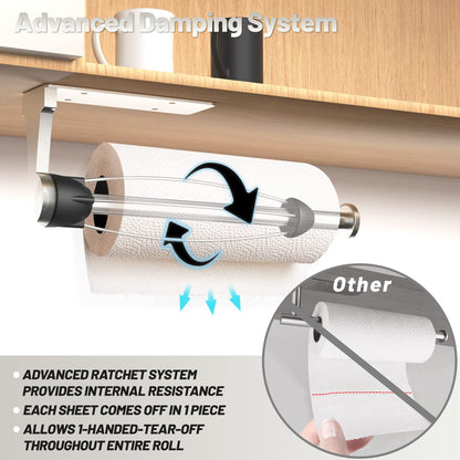 VEHHE Under Cabinet Paper Towel Holder with Ratchet System, One Hand Operable Paper Towel Holder Wall Mount with Damping Effect, Self-Adhesive Papers Towels Holders or Drilled for Kitchen (Silver)