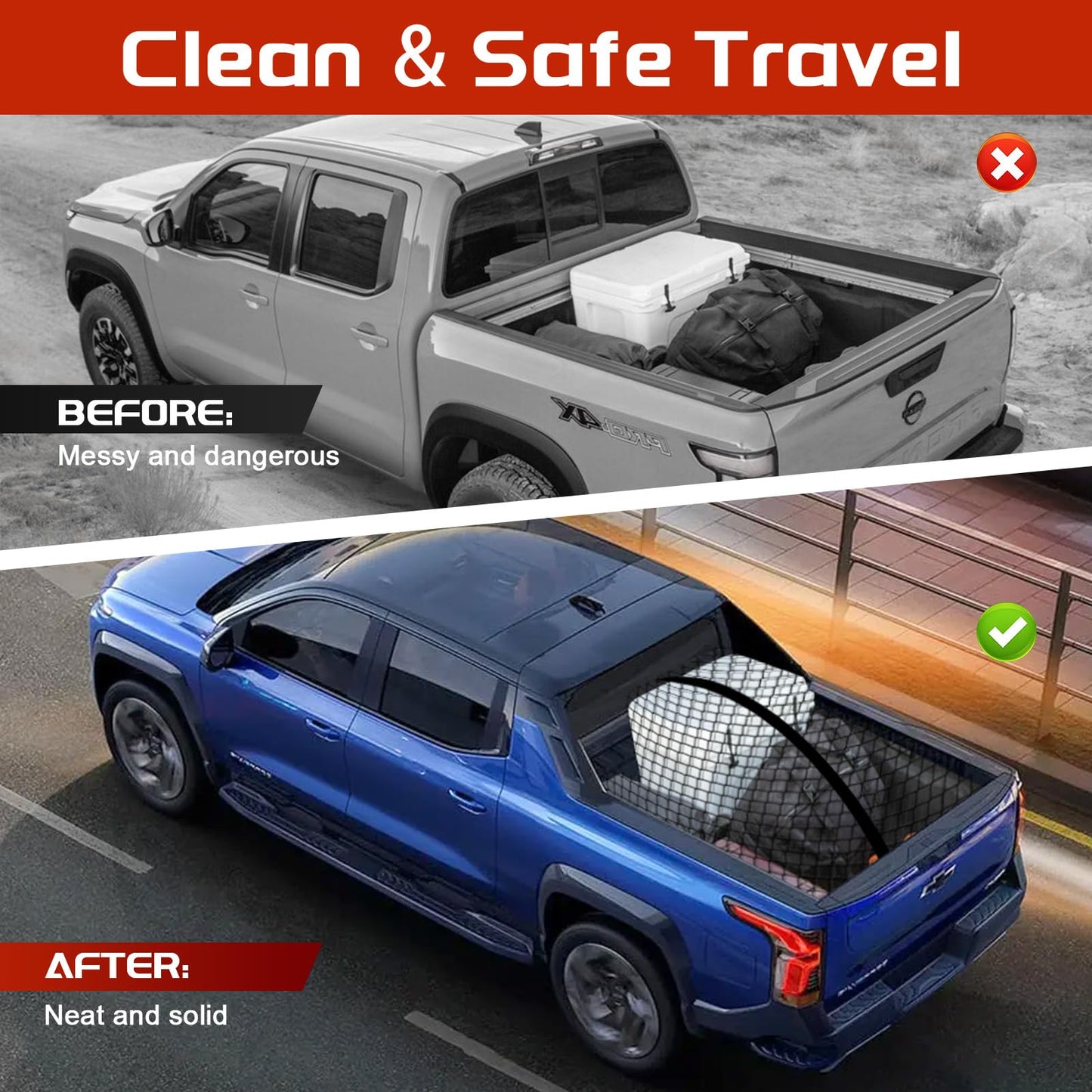Truck Bed Cargo Net, Stretchable from 4'x4' to 7'x7',High Elastic Cargo Net with Storage Bag and 8 rustproof Buckles, Ideal for ATV, SUV, UTV, Truck and Boat Use, Black