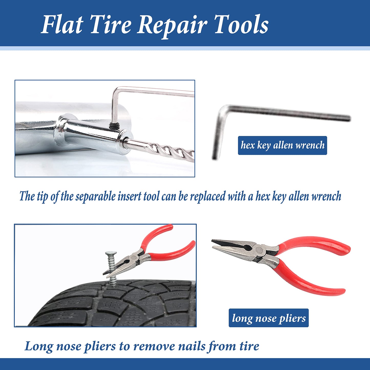 Tire Repair Kit, 68pcs Heavy Duty Tire Plug Kit Universal Flat Tire Puncture Repair Kit for Car, Motorcycle, Truck, SUV, RV, ATV, Tractor, Trailer, Jeep Tubeless Tire Repair Tools with 30 Tire Plugs