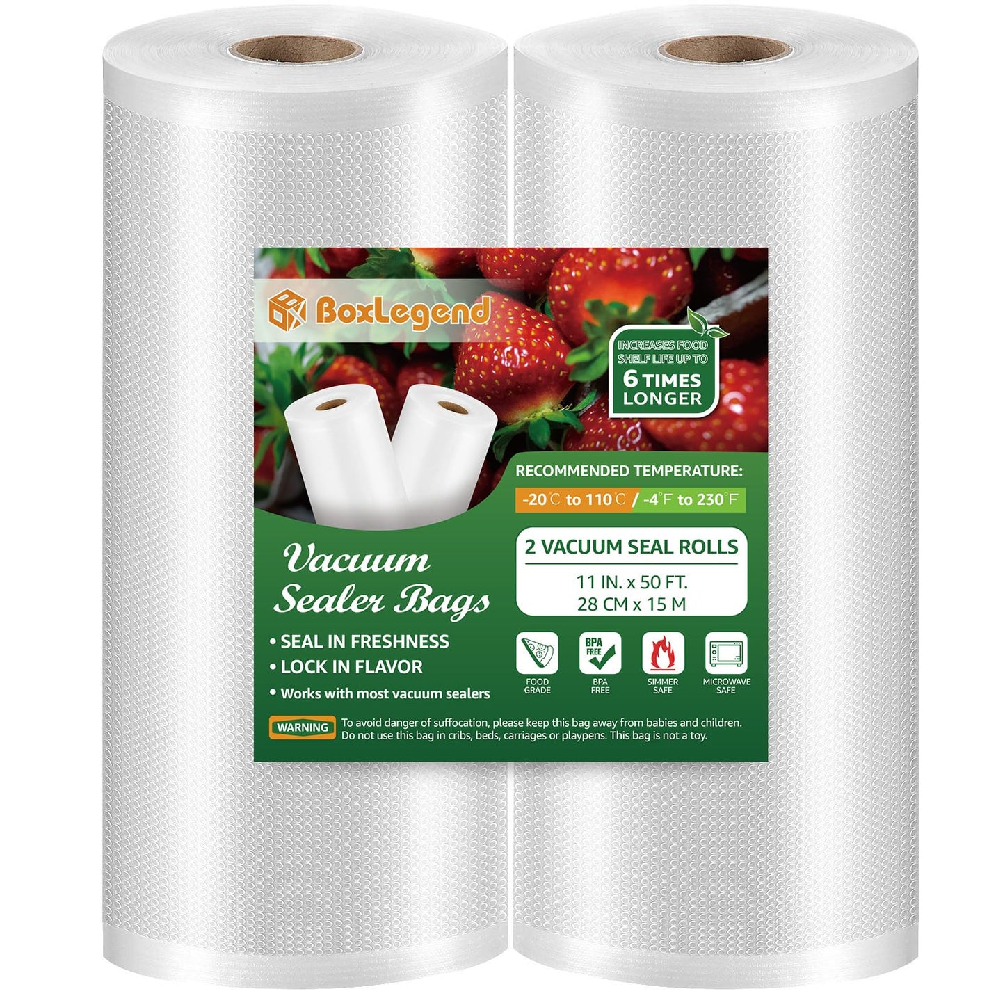 BoxLegend Vacuum Sealer Bags 11''x50' (2 Pack), Food Saver Bags Rolls, Sac Sous Vide Alimentaire, Commercial Grade Vacuum Seal Bag for Meal Prep, BPA Free, Heavy Duty (100 Feet)